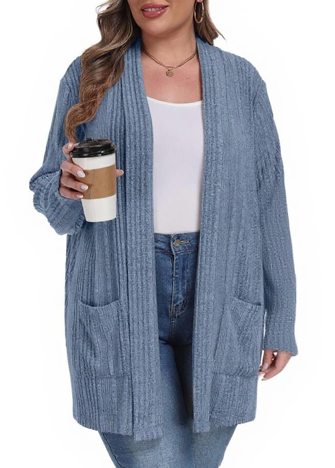 OLRIK Womens Plus Size Cardigan Loose Outwear with Pockets - color: C-blue, size: 3X