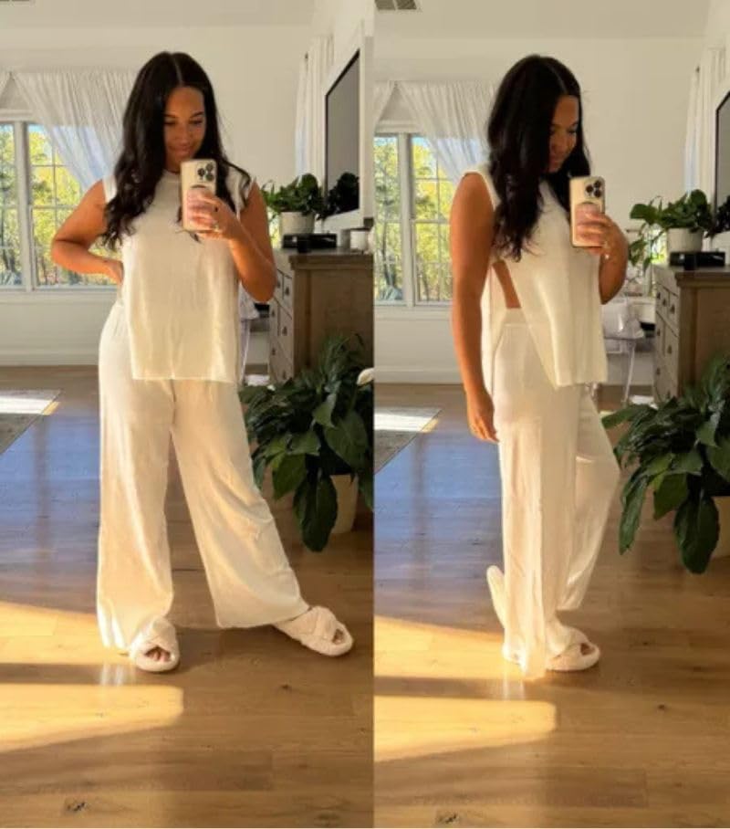 Lviefent Womens 2 Piece Outfits Sweater Set Sleeveless Side Slit Pullover Top Knit Wide Leg Pants Lounge Matching Sets - color: Beige, size: X-Small
