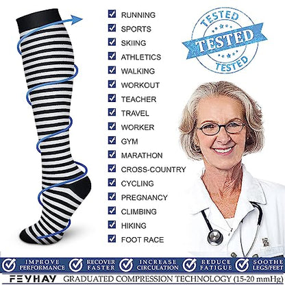 FEYHAY Copper Compression Socks (3 Pairs) 15-20 mmHg Circulation is Best Athletic & Daily for Men & Women, Running, Climbing - color: 10 Stripe, size: Small-Medium