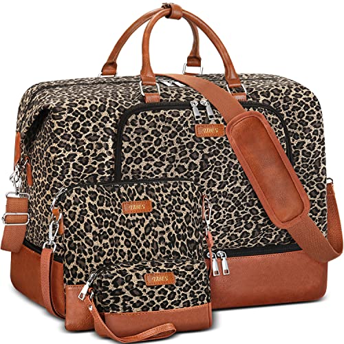 TIBES Travel Weekender Bag for Women, Overnight Bag with Shoe Compartment - color: E-Brown Leopard 3pcs