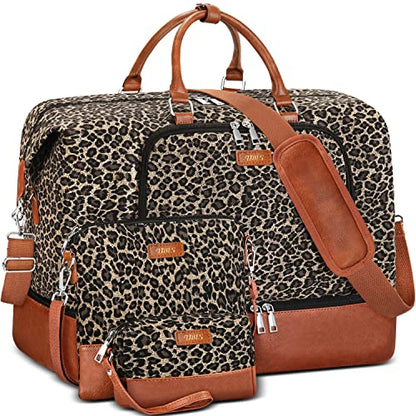 TIBES Travel Weekender Bag for Women, Overnight Bag with Shoe Compartment - color: E-Brown Leopard 3pcs