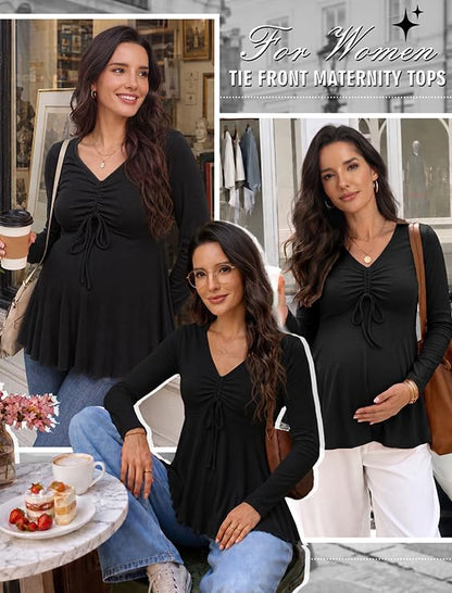 Genhoo Womens Long Sleeve Maternity Tops Ribbed V Neck Maternity Shirts - color: Black, size: Small