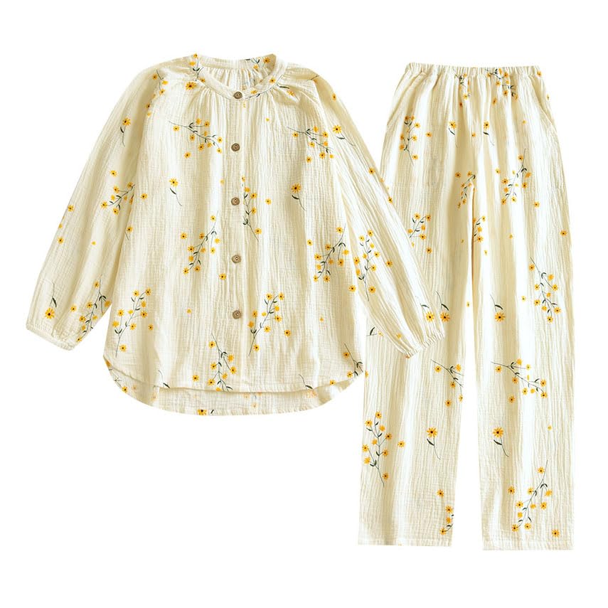 codcm Womens Cotton Gauze Pajama Sets Muslin Pj Set Crew Neck Button Down Sleepwear 2 Piece Lounge Set - color: Beige Flower, size: Large
