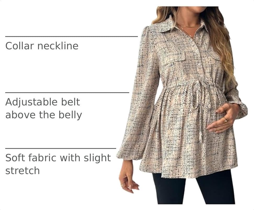 MakeMeChic Women's Maternity Blouse Long Sleeve Belted Button Down Tops - color: Khaki a, size: Small