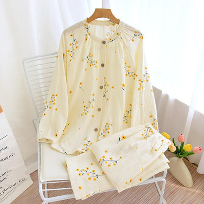 codcm Womens Cotton Gauze Pajama Sets Muslin Pj Set Crew Neck Button Down Sleepwear 2 Piece Lounge Set - color: Beige Flower, size: Large