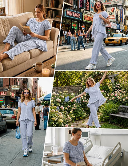 Gingham Cotton Pajamas for Women 2 Piece Cute Ruffle Plaid PJS Set Lounge - color: Blue, size: X-Large