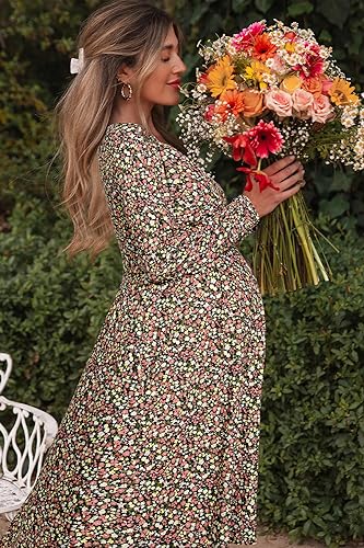 OUGES Women's Nursing Breastfeeding Pocket Fall Baby Shower Maternity Dress - color: Yellow Floral Pink, size: XX-Large