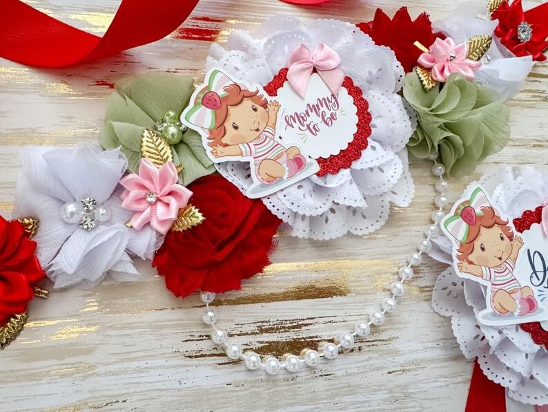 Strawberry Shortcake Baby Shower Sash & Pin Set – Mom-to-Be Party Accessories, Cute Dessert Theme