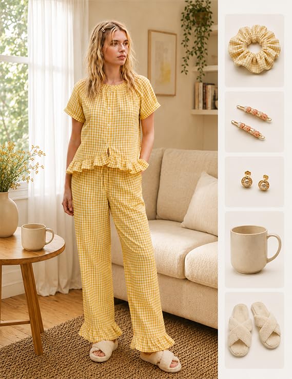 Gingham Cotton Pajamas for Women 2 Piece Cute Ruffle Plaid PJS Set Lounge - color: Yellow, size: X-Large