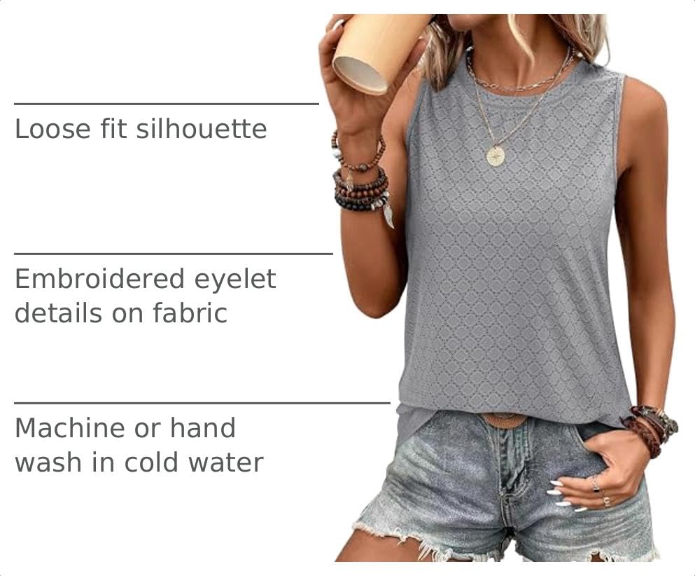 Sampeel Womens Tank Tops Eyelet Loose Casual Summer Tops Crew Neck Basic Sleeveless Shirts Trendy 2026 - color: Grey, size: Small