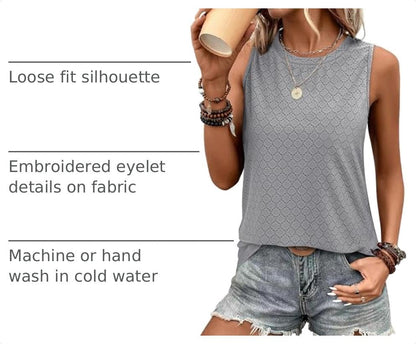 Sampeel Womens Tank Tops Eyelet Loose Casual Summer Tops Crew Neck Basic Sleeveless Shirts Trendy 2026 - color: Grey, size: Small