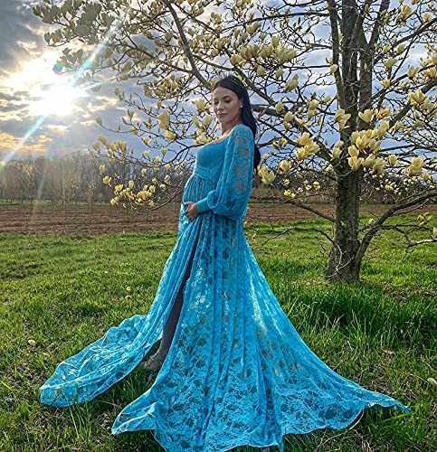 Saslax Sheer Lace Off Shoulder Maternity Maxi Dress for Photoshoot - color: Blue, size: Large