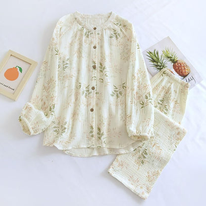 codcm Womens Cotton Gauze Pajama Sets Muslin Pj Set Crew Neck Button Down Sleepwear 2 Piece Lounge Set - color: Grass, size: X-Small
