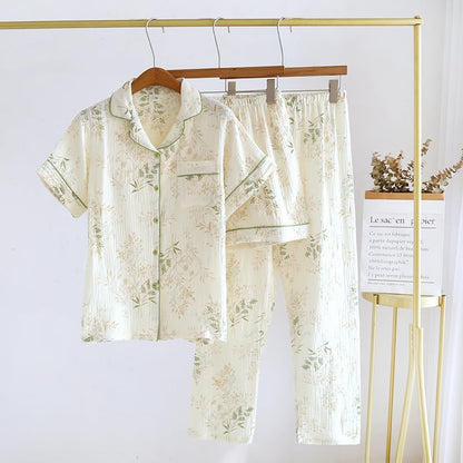 codcm Womens 3pcs Cotton Pajamas Set Short Sleeve Sleepwear Fruit Print Cute Pj Set with Long Pants - color: Flower04, size: X-Small