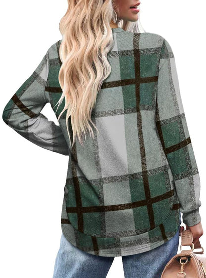 OFEEFAN Womens Sweatshirt Crewneck Long Sleeve Shirts High Low Tops Curved Hem - color: D-green Plaid, size: X-Large