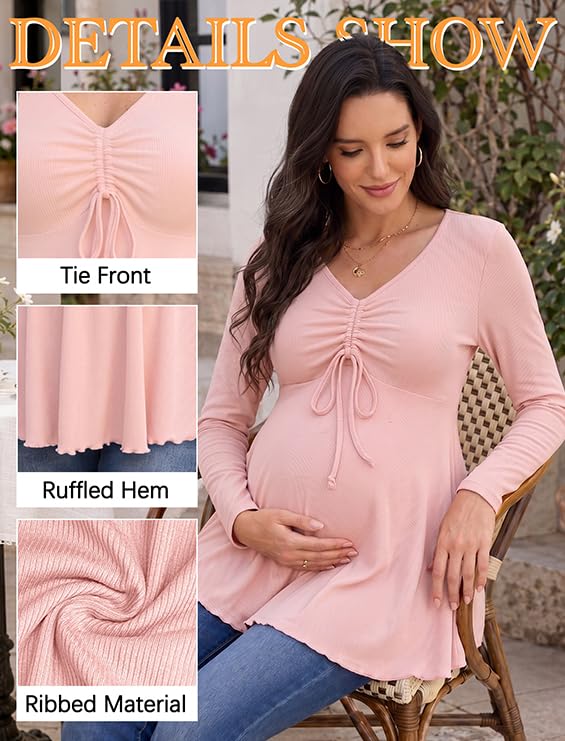 Genhoo Womens Long Sleeve Maternity Tops Ribbed V Neck Maternity Shirts - color: Dusty Pink, size: Small