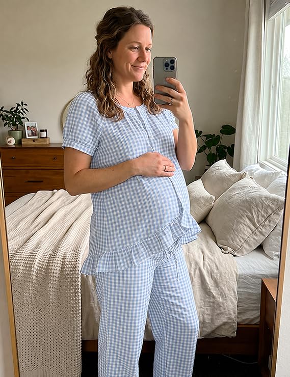 Gingham Cotton Pajamas for Women 2 Piece Cute Ruffle Plaid PJS Set Lounge - color: Blue, size: X-Large