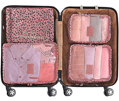 Mossio 7 Set Packing Cubes with Shoe Bag - Travel Carry On Luggage Organizer - color: Pink Leopard