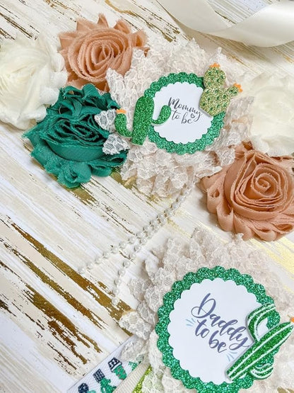 Cactus Baby Shower Sash – Mom to Be Maternity Sash with Matching Dad Pin, Succulent Theme Party Accessory