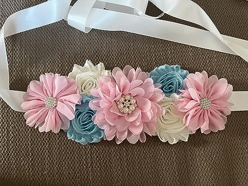 Flowers for Sashes Maternity Pregnancy Sash Belt for Baby Shower Wedding Bride - color: Pink Blue