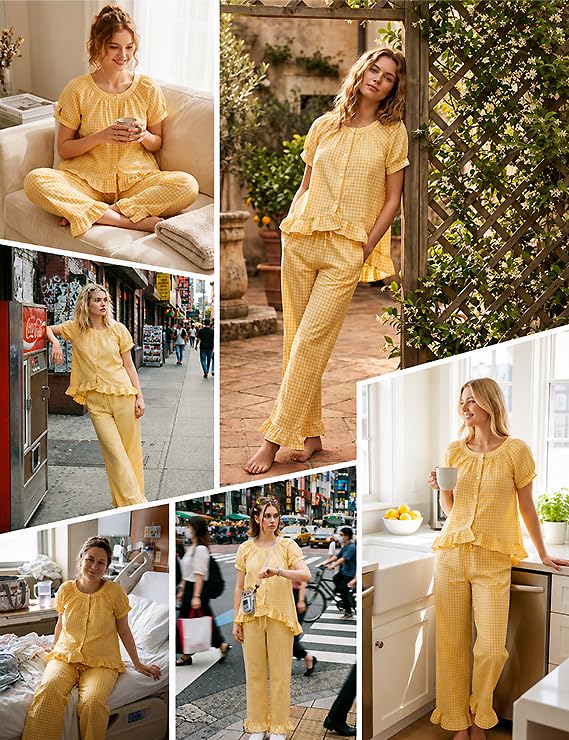 Gingham Cotton Pajamas for Women 2 Piece Cute Ruffle Plaid PJS Set Lounge - color: Yellow, size: X-Large