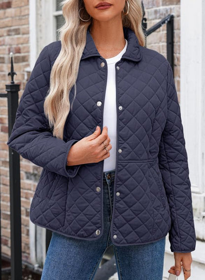 Dokotoo Women's Winter Quilted Jackets Long Sleeve Button Down Diamond Puffer Jacket Outerwear Coats with Pockets - color: Blue, size: Medium
