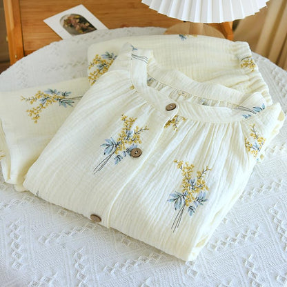 codcm Womens Cotton Gauze Pajama Sets Muslin Pj Set Crew Neck Button Down Sleepwear 2 Piece Lounge Set - color: Bouquet, size: X-Small