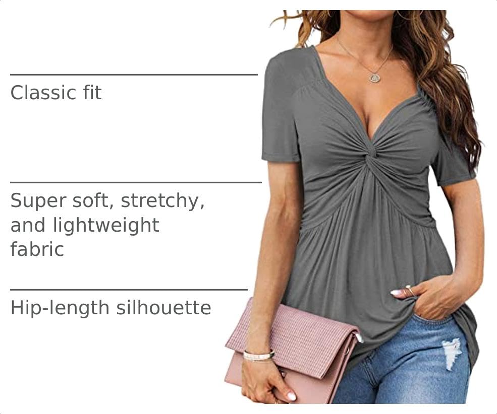 Tankaneo Womens Front Knotted V-Neck Blouse T Shirt Short Sleeve Oversized Tunic Tops Summer Solid Pullover Tees - color: A26-gray, size: Large