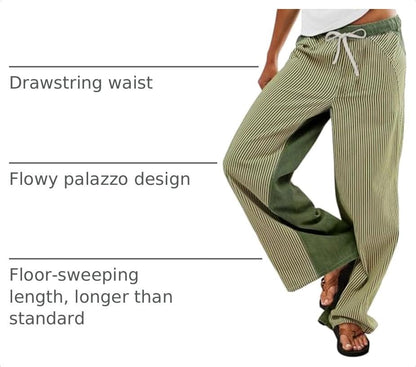 PEIHOT Low Rise Striped Pants for Women Pull On Drawstring Boho Wide Leg Jeans Trendy Green and White