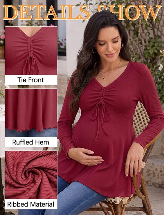 Genhoo Womens Long Sleeve Maternity Tops Ribbed V Neck Maternity Shirts - color: Wine Red, size: XX-Large