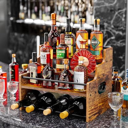KLM 4-Tier Liquor Bottle Display Shelf,Rustic Brown Bottle Organizer - color: Brown