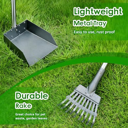 Pooper Scooper, Long Handle Pet Supplies with Stainless Metal Tray and Rake - color: Silver, size: Medium