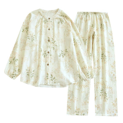 codcm Womens Cotton Gauze Pajama Sets Muslin Pj Set Crew Neck Button Down Sleepwear 2 Piece Lounge Set - color: Grass, size: Medium