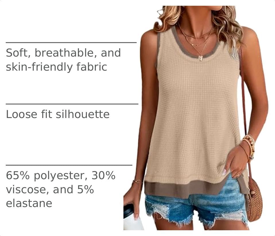 BLENCOT Tank Tops for Women Summer Boho Sleeveless Waffle Knit Shirts - color: Parchment, size: Small