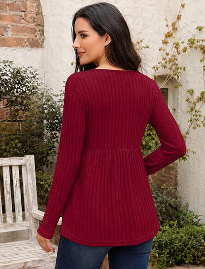 Genhoo Womens Maternity Tops Long Sleeve Maternity Shirts Henley Clothes - color: Wine Red, size: Large