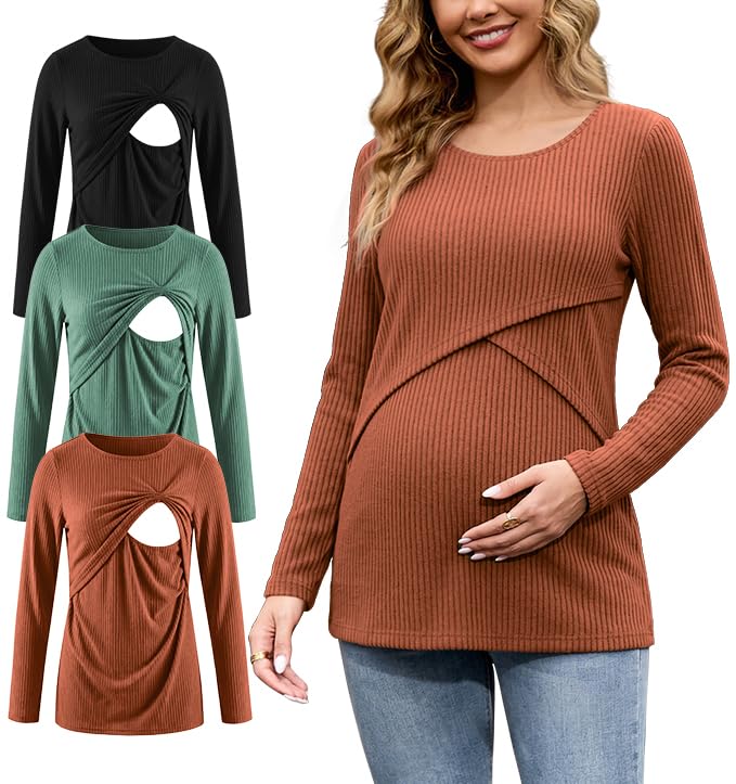 Bhome Maternity Shirts 3Packs Ribbed Long Sleeve Pregnancy Top Double Layer Nursing Tops for Breastfeeding - color: Black/Green/Caramel, size: Medium