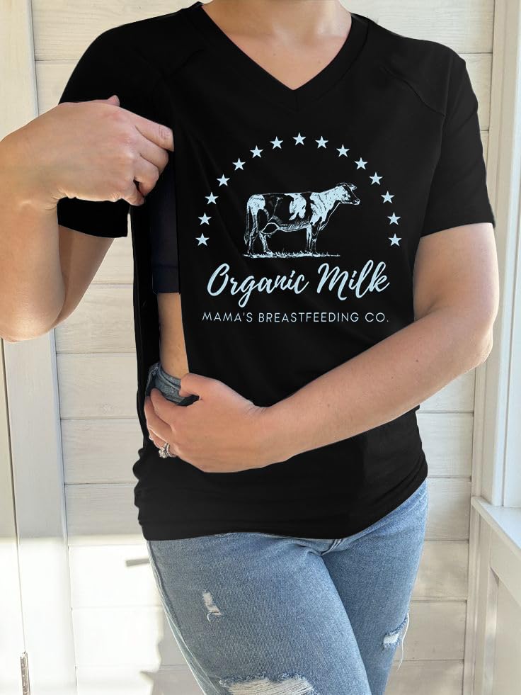 Nursing Shirts for Breastfeeding Women Zipper Maternity Graphic Tee - color: Black, size: Small