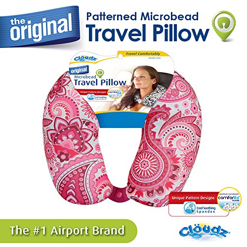 Cloudz Patterned Microbead Airplane Travel Neck Pillow. Customize Your Comfort and Support While Traveling on a Plane, Car, Bus or Train! - Blue Print - color: Pink Print