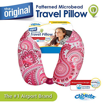 Cloudz Patterned Microbead Airplane Travel Neck Pillow. Customize Your Comfort and Support While Traveling on a Plane, Car, Bus or Train! - Blue Print - color: Pink Print