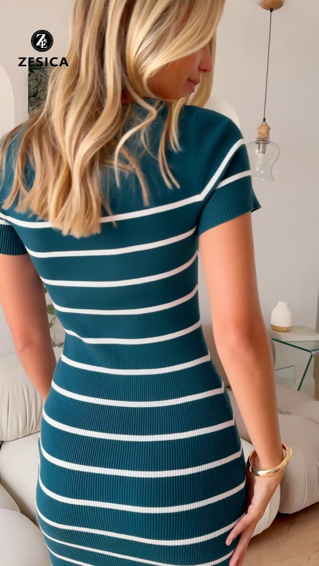 ZESICA Women's Summer Striped Short Sleeve Bodycon Sweater Dress