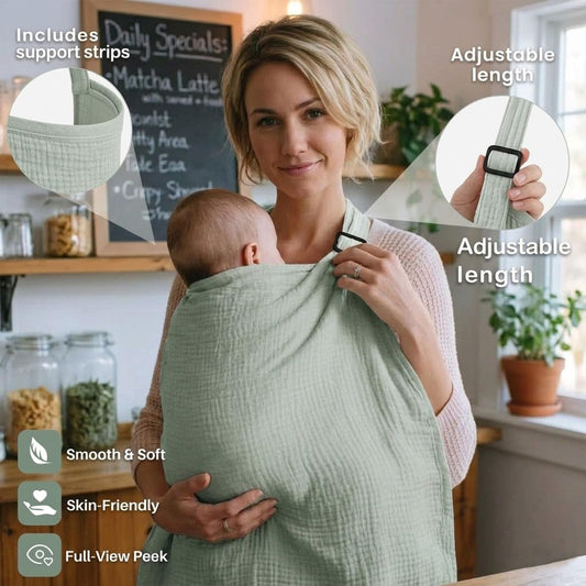 Muslin Nursing Cover for Breastfeeding - Privacy Breast Feeding Covers for Women with Arch Neckline, Includes Matching Bib and Storage Bag